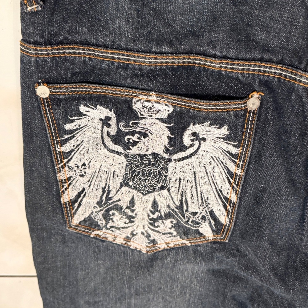 Y2K Makaveli Branded Hip-Hop Mens Embroidered Denim Jeans Eagle Dark Wash Sz 40 - Picture 6 of 7
